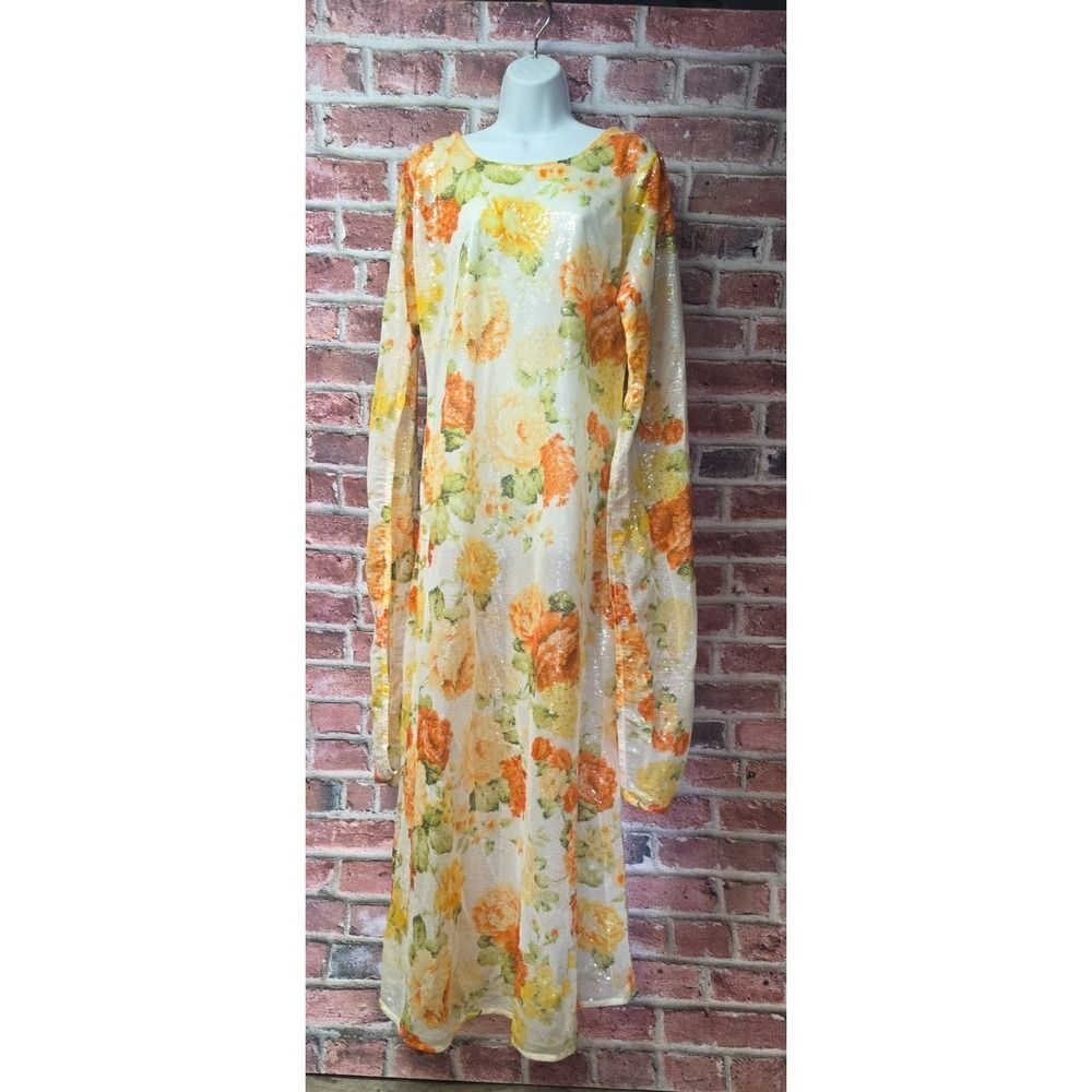 Women'sโVintage Floral Sequin Long Sleeve Maxi Gown Dressโ Size XL